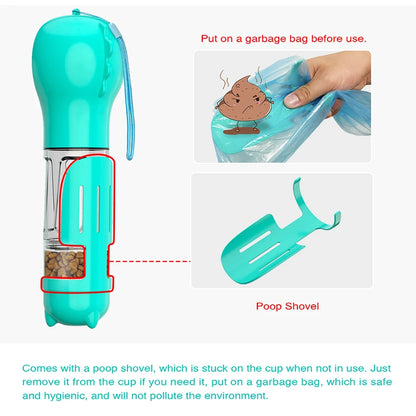 Portable 3-in-1 Cat Dog Water Bottle Food Feeder Poop Bag Dispenser