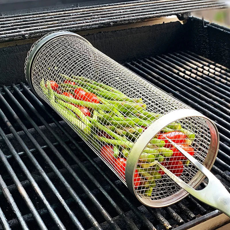 New Stainless Steel Rolling Grilling BBQ Basket