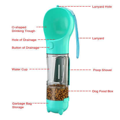 Portable 3-in-1 Cat Dog Water Bottle Food Feeder Poop Bag Dispenser