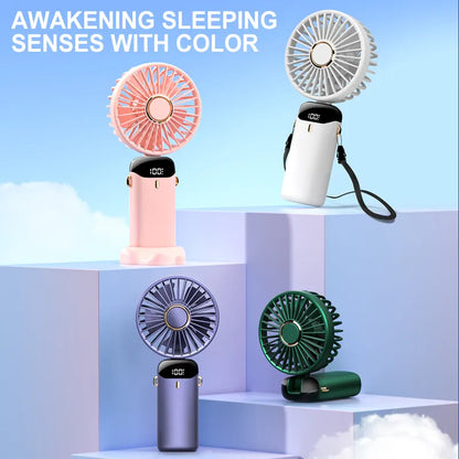 5 Speed USB Rechargeable Handheld Foldable Fan with Stand and Display Screen